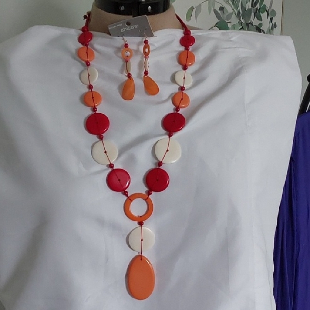 Chicos earring and necklace set. Cream, red, orange. Adjustable length necklace.